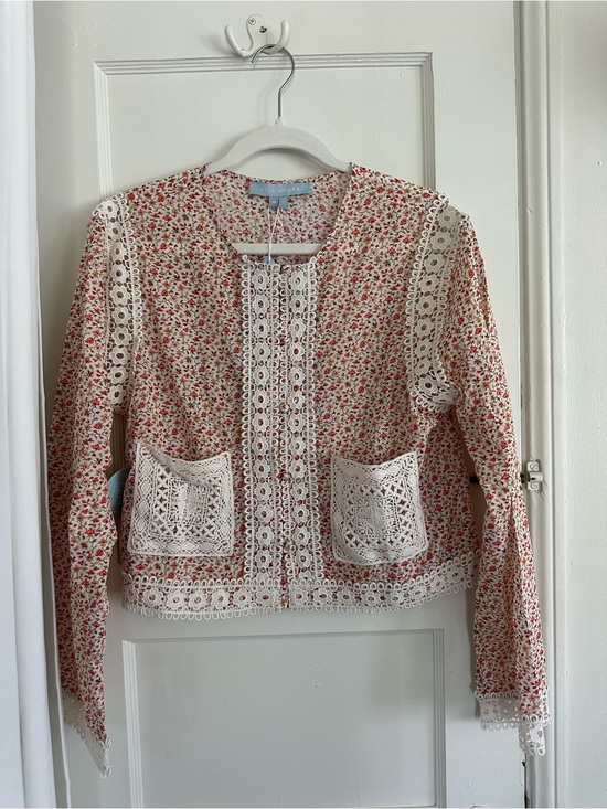 Hill House Tops - Hill House Petite Floral Crochet-Trim top in Pink and Cream